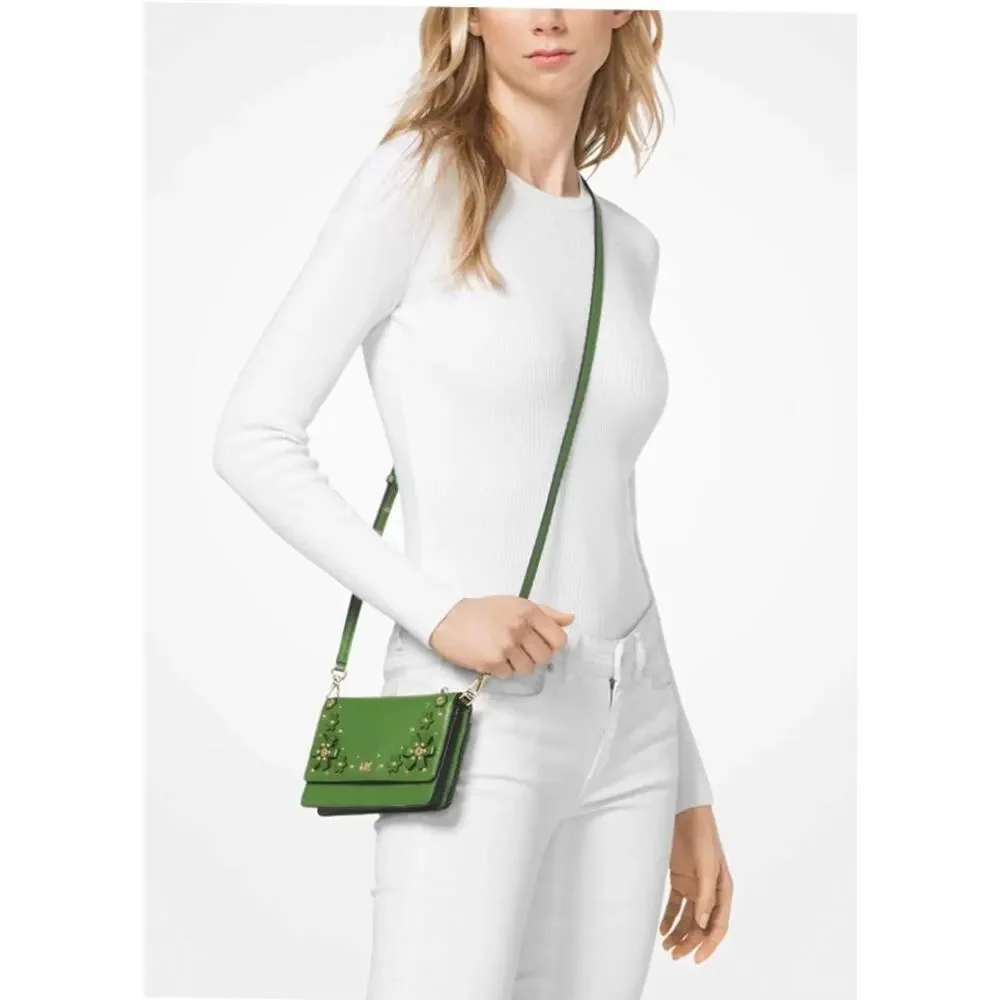 MICHAEL KORS Mercer Floral Embellished Pebbled Leather Smartphone Crossbody